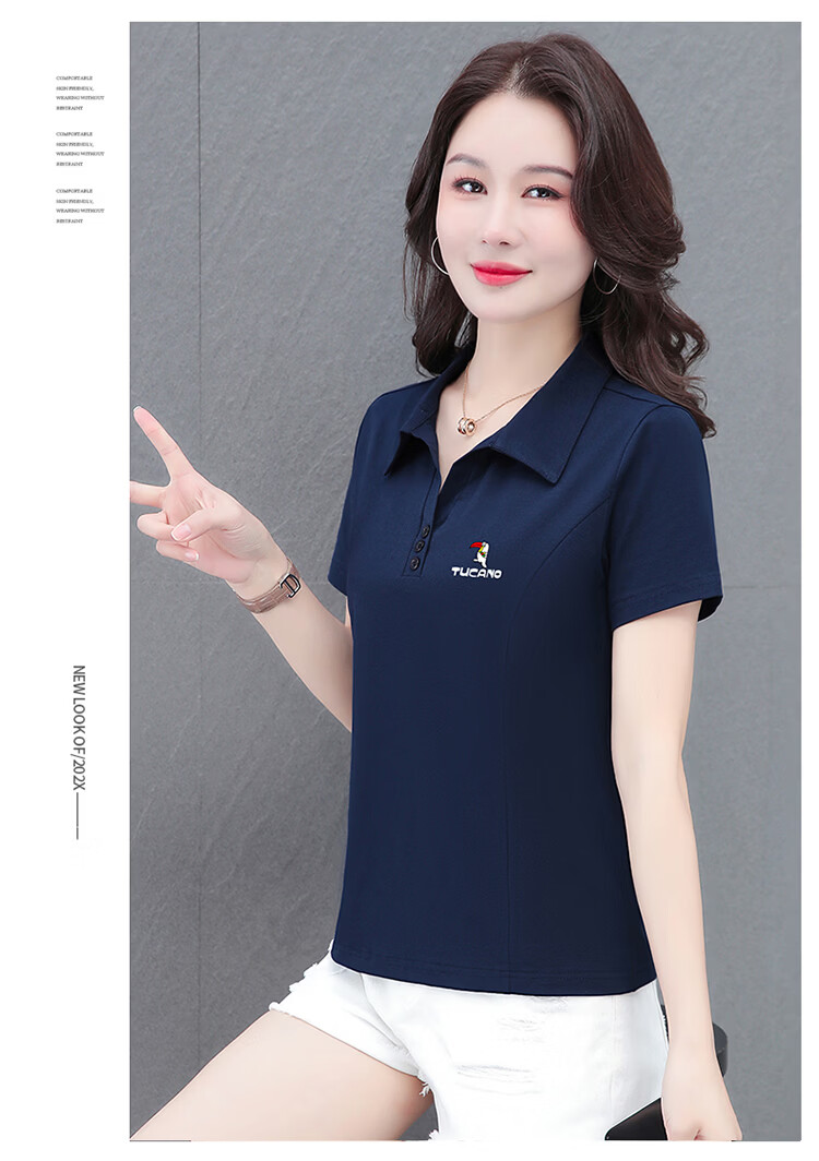 Woodpecker Women's Short Sleeve T-Shirt Pure Cotton Polo Collar Summer Regular Shoulder Slim Fit Casual Sports Half Sleeve Top Wine Red 2XL 13