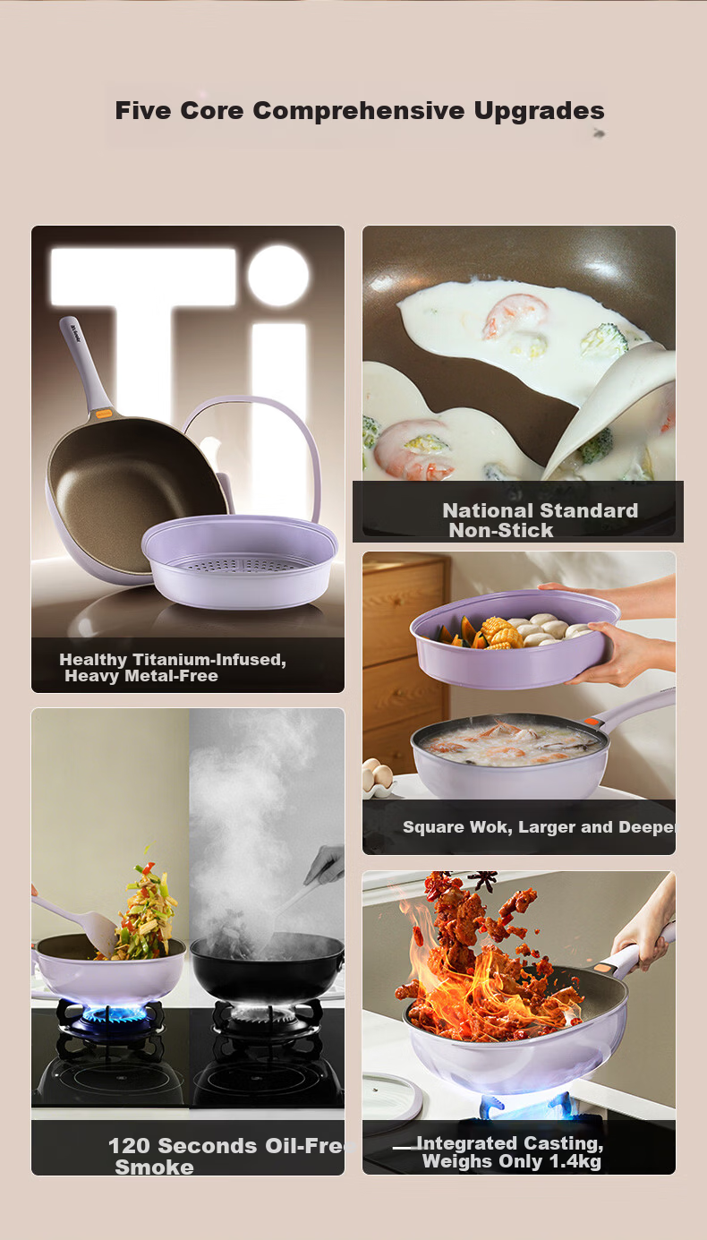 Joyoung 32cm Titanium Non-Stick Square Round Wok Multi-Functional Large Capacity Stove-Compatible Home Cooking Pan 3