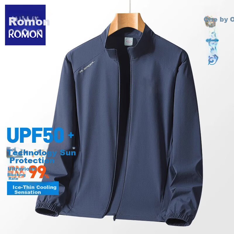 ROMON Men's Sun Protection Jacket Long Sleeve Lightweight Skin Jacket Stand Collar Cycling Shirt Iceland Blue 2XL