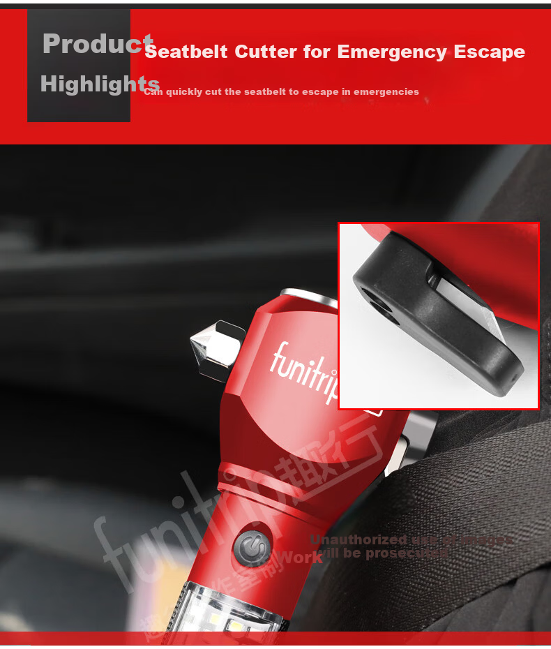 QuXing 12-in-1 Car Emergency Escape Hammer with Window Breaker, High-Power Flashlight, Red 5