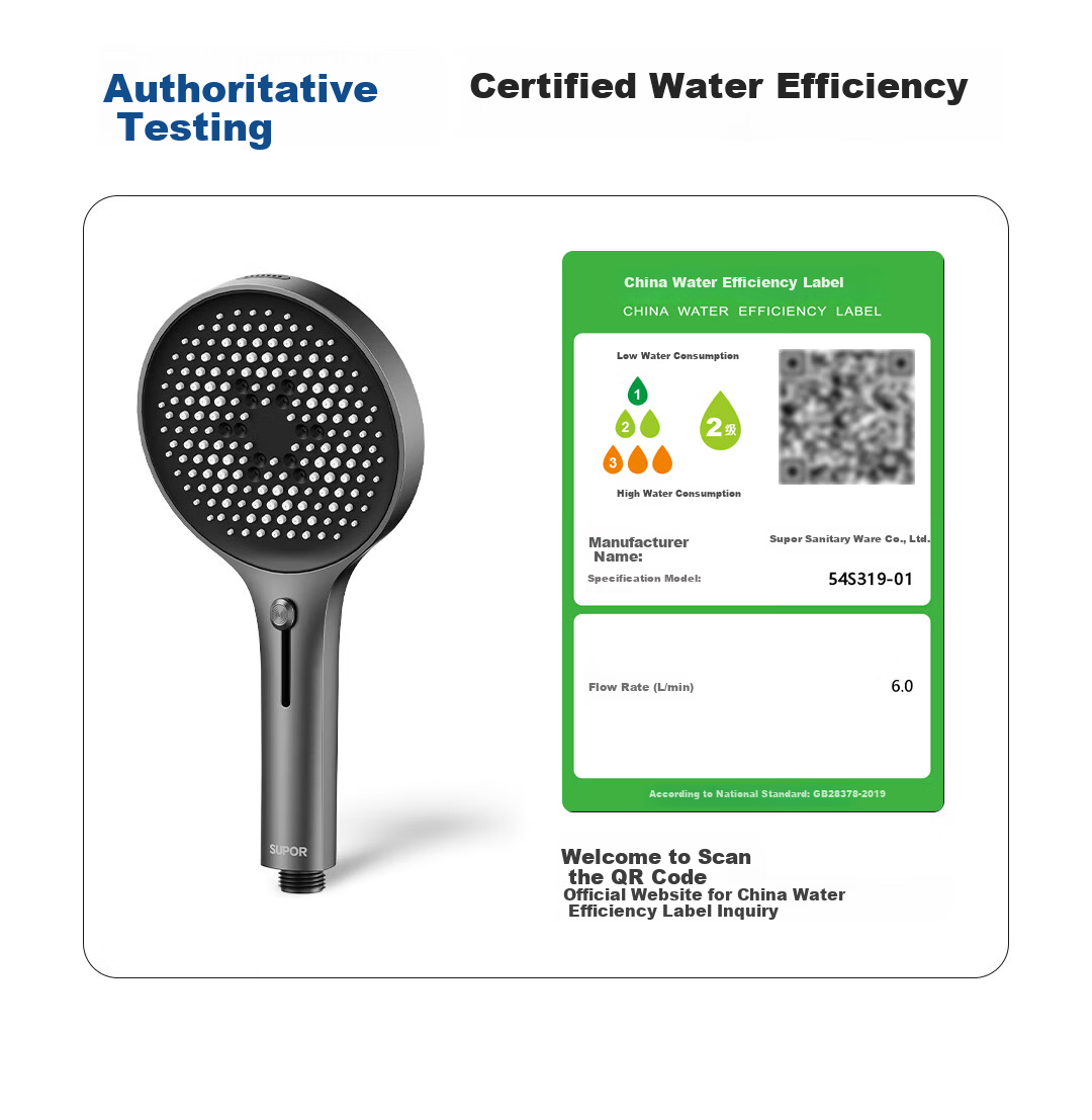 SUPOR High-Pressure Handheld Shower Head Set with Spray Gun, Three-Piece Shower Head, Powerful Water Flow, Adjustable Gray 22
