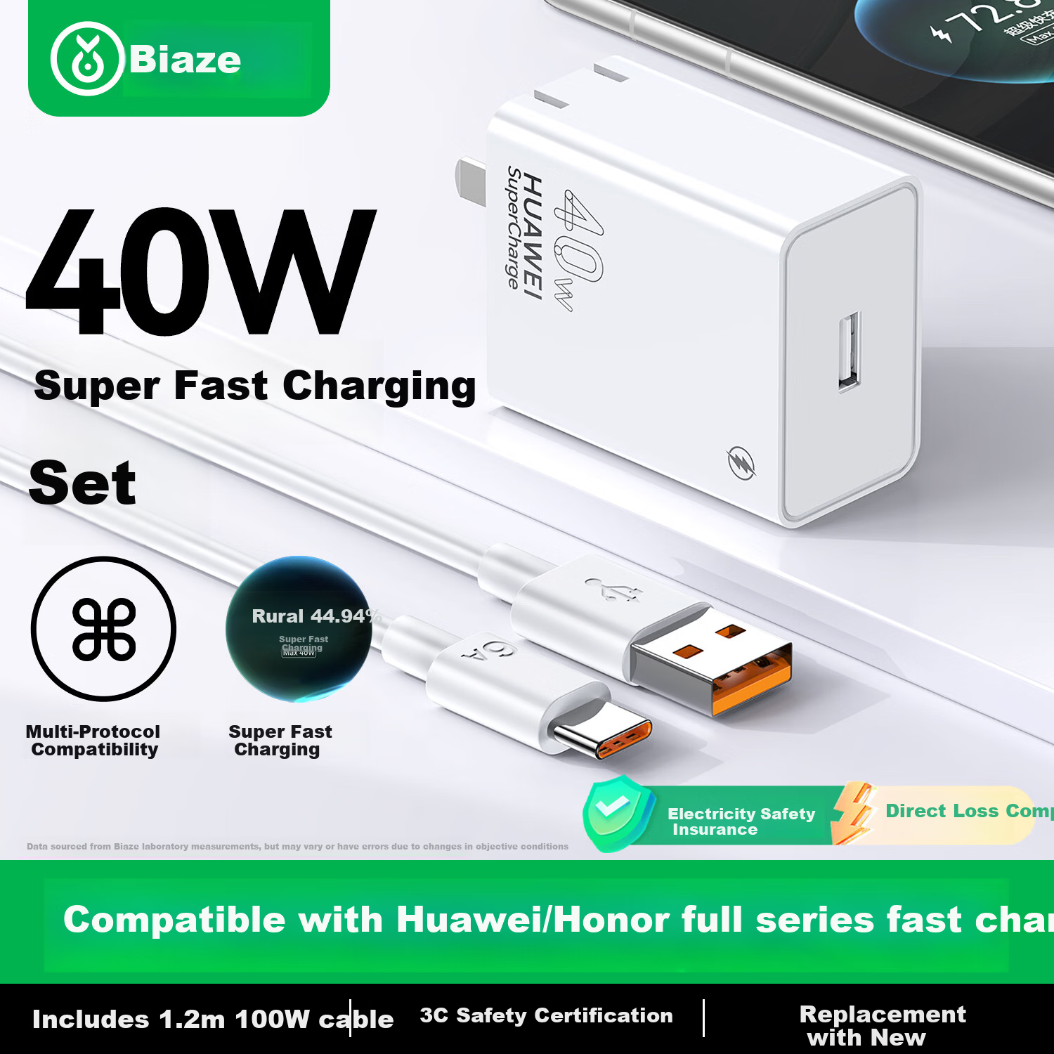 BIAZE 40W/18W Huawei Super Fast Charging Charger Set USB Charger 6A Data Cable 100W Fast Charging Cable 1.2m for Mate70/60 Pro/Pura Honor Phones