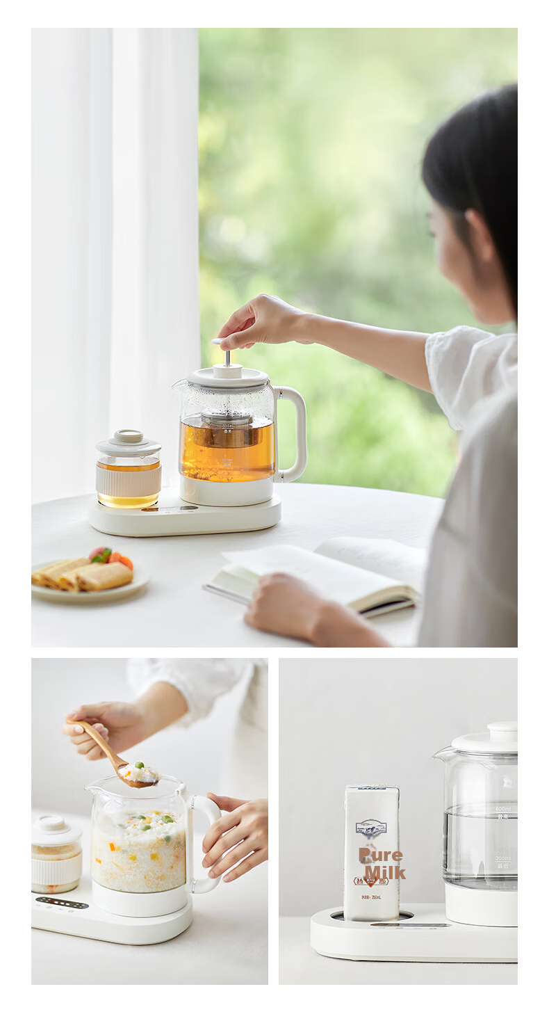 Olayks Instant Mini Health Pot Set Flower Tea Kettle 0.8L Office Heating Thermostat Coaster 2-in-1 Small Electric Kettle Tea Maker for One 4