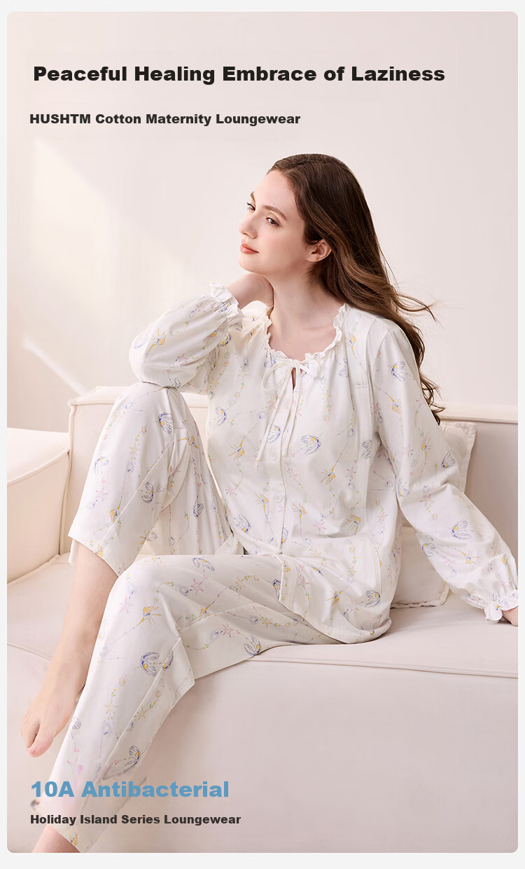 YEEHOO 26th Anniversary New Maternity Postpartum Pure Cotton Nursing Pajamas 10A Antibacterial with Built-in Chest Pads Ocean Pearl XL 2