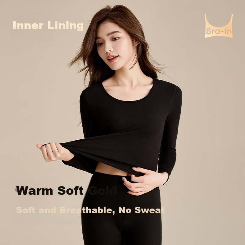 NEIYIN Women's Thermal Underwear Set with Chest Pad, Ultra-thin Seamless Base Layer, Autumn Top and Bottom, Black, M