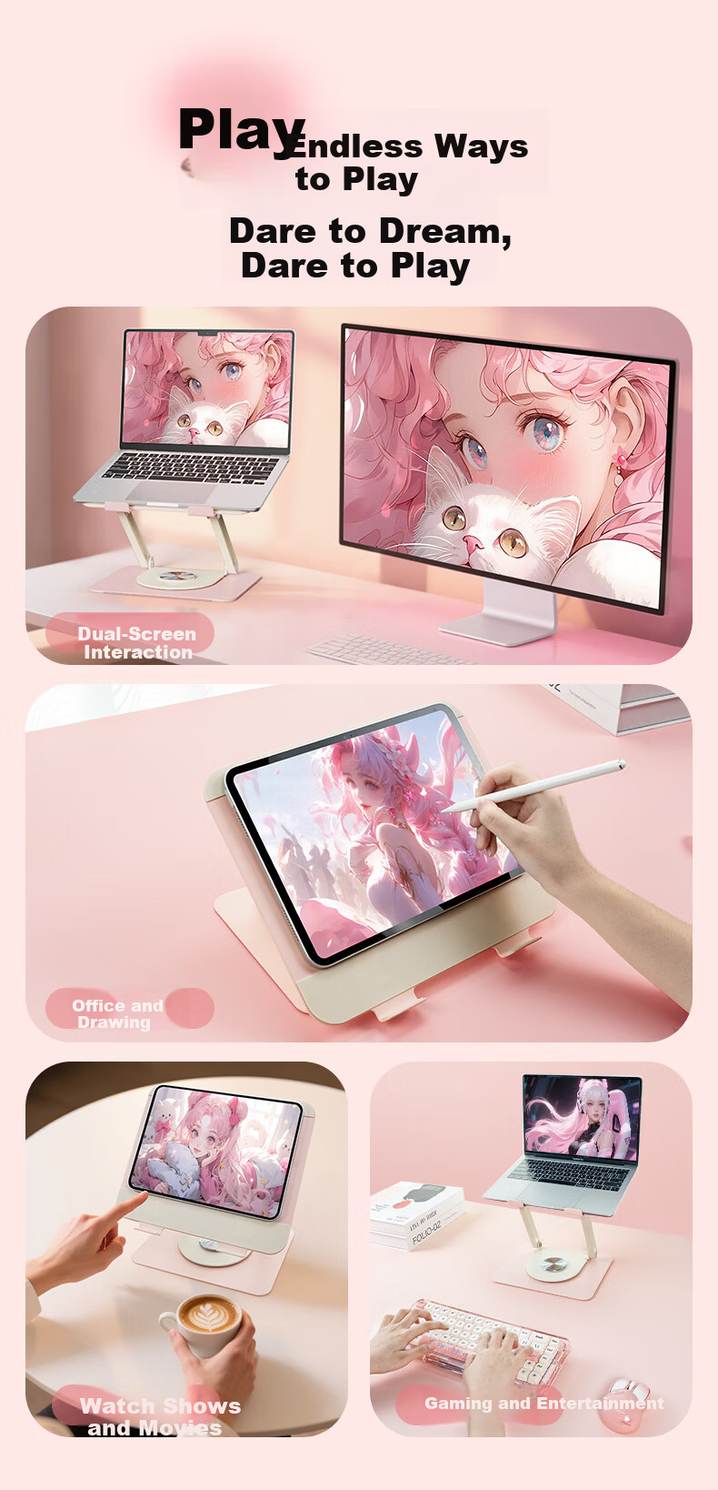 SayRose Gift Notebook Stand Laptop Stand Flexible Cute Cat Paw Adjustable Hover Stand 360° Rotating Cooler Riser Cat Paw Stand Birthday Gift 15