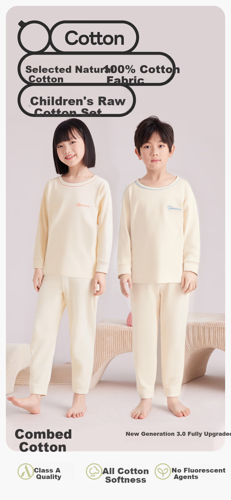 Hodo Kids Children's Autumn Cotton Thermal Underwear Set Long Sleeve Round Neck Pink Label 120 1