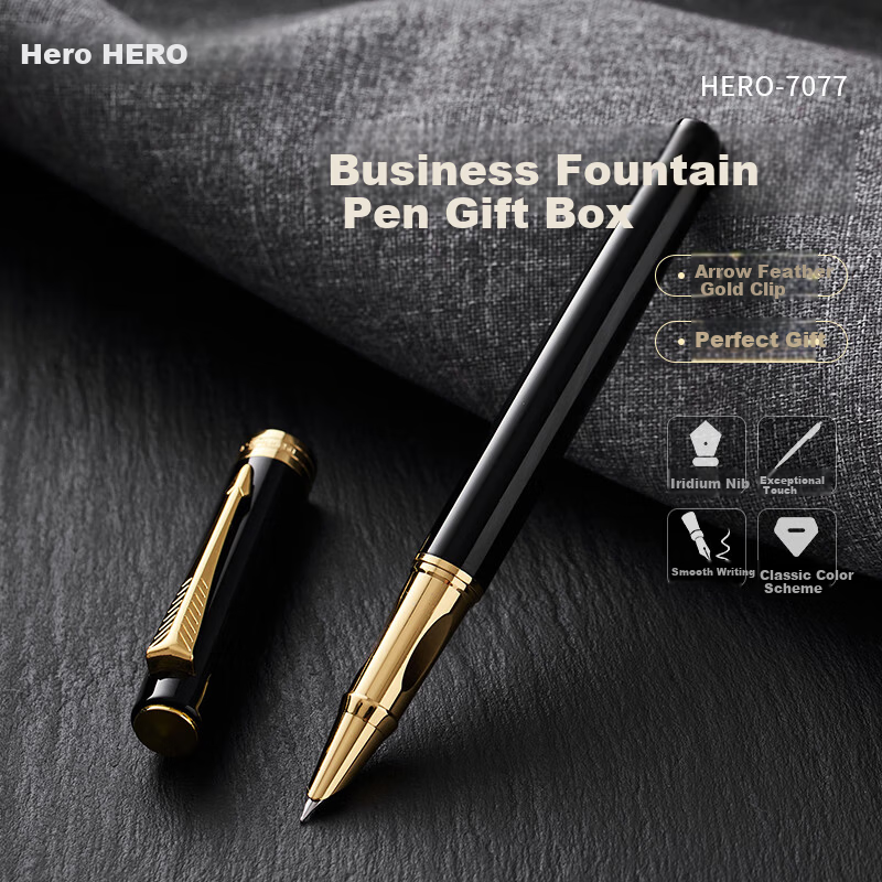 HERO Fountain Pen Gift Box 7077 Black Fine Nib Chess Black Student Stylish Birthday Ink Pen F Nib