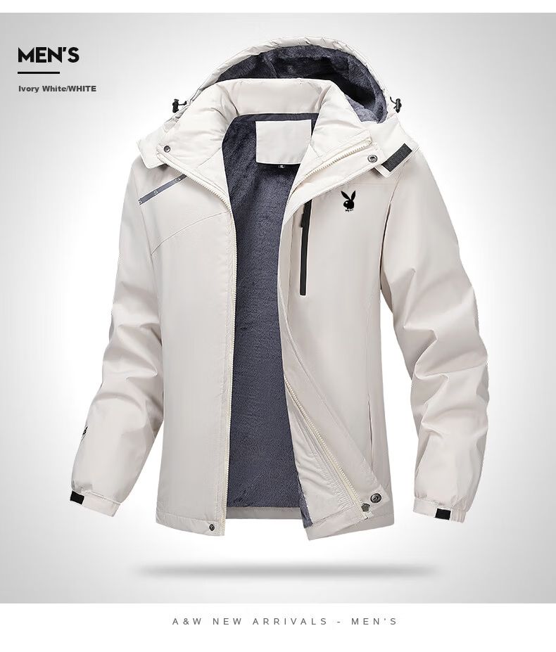 PLAYBOY Men's Cotton Jacket Autumn Winter Hooded Warm Fleece Lined Casual Loose Coat Off-White 7XL 8