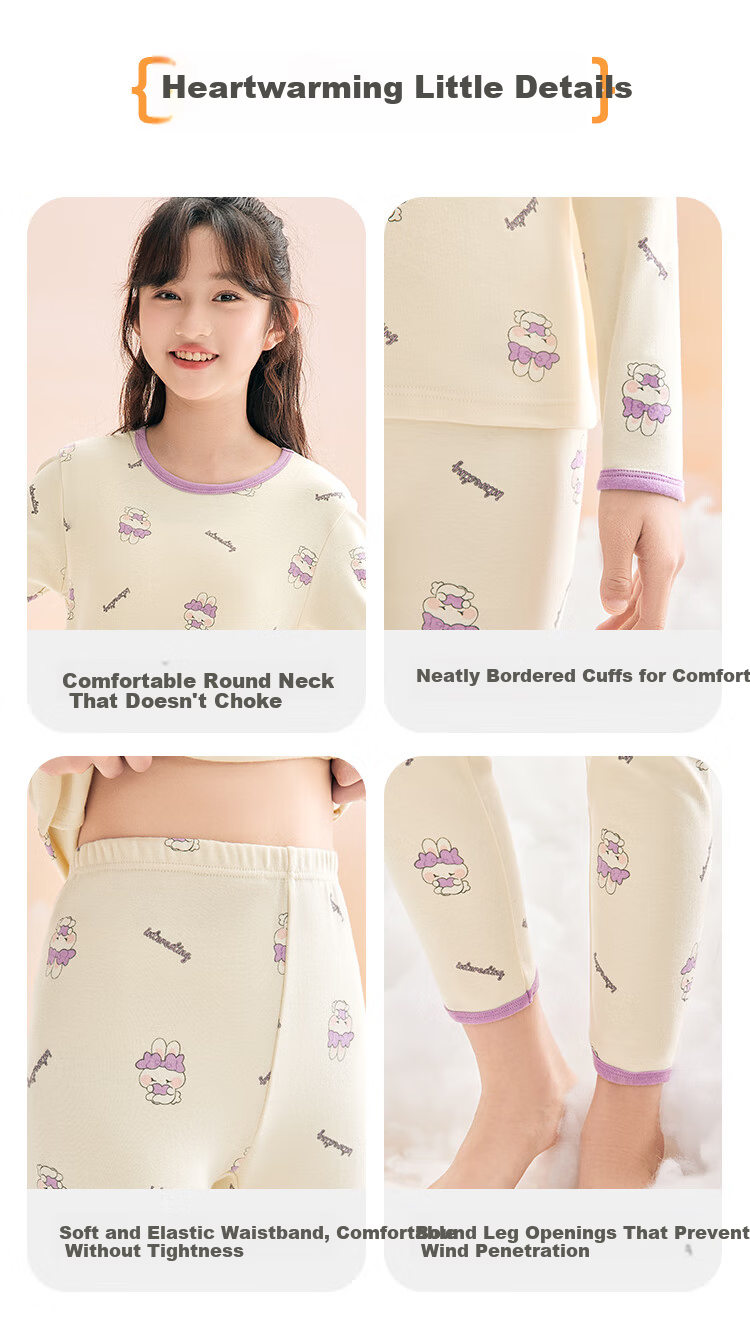 Hodohome Kids Girls Cotton Antibacterial Thin Thermal Underwear Set 7A Round Neck Printed Warm Pajamas 108 150 9