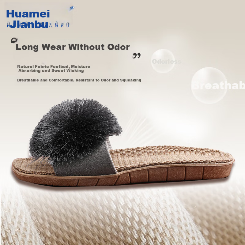 Huamei Jianbu Women's Linen Slippers Indoor Non-Slip Odorless Sweat-Absorbing Wear-Resistant Floor Sandals HM3130 Black Size 39-40