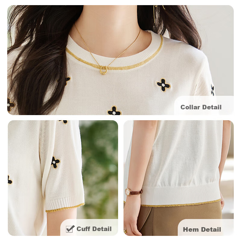 She Enjoy Short Sleeve T-Shirt Women Round Neck Lucky Clover Embroidered Casual Versatile Knit Tee T143T1376
