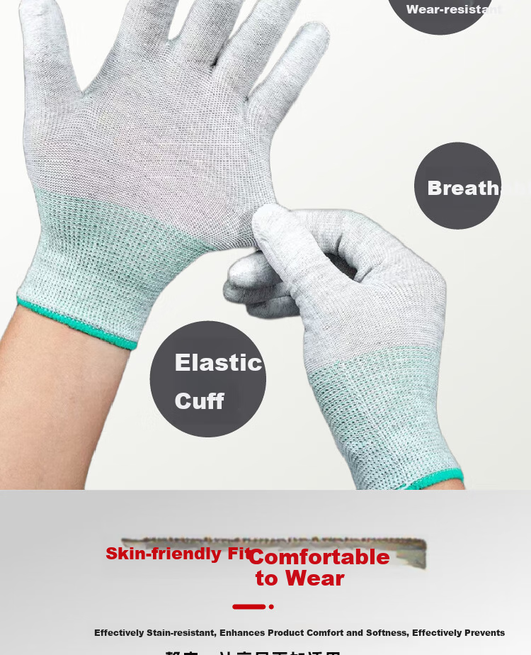 Mitz Anti-Static Gloves Carbon Fiber Coated Finger Gloves Winter PU Coated Lightweight Dust-Free Breathable Non-Slip Assembly Electronic Factory Labor Protection Gloves Size S Small (10 Pairs/Pack) 5