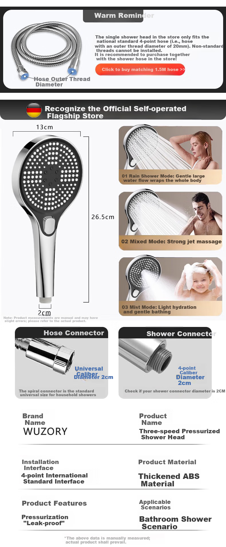 WUZORY Germany Pressurized Shower Head Handheld Bathroom Silver 127 1