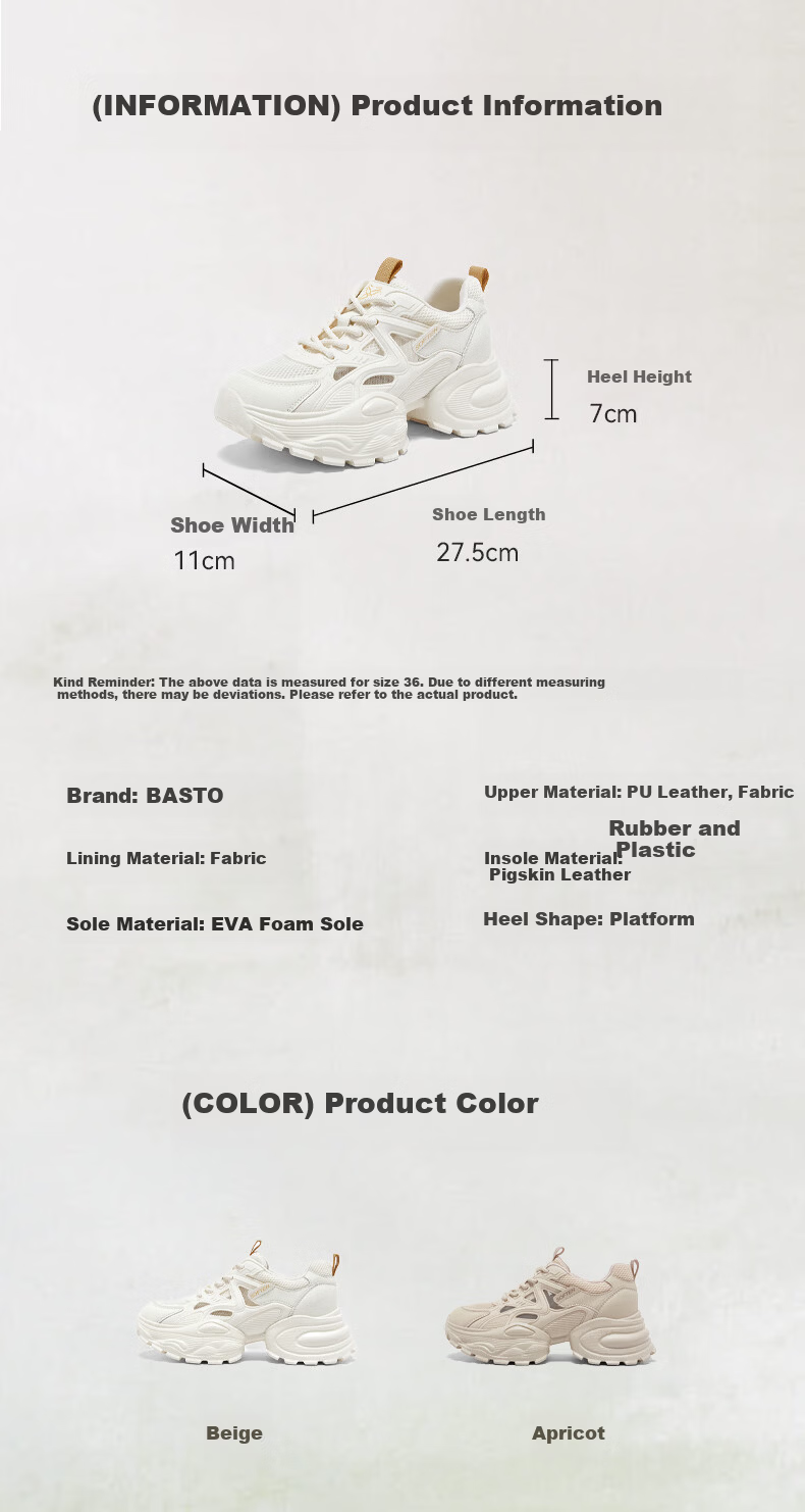 BASTO 26 Spring Dad Sneakers Fashion Street Trend Height Increasing Casual Women's Shoes G8852AM6 Beige Size 35 4