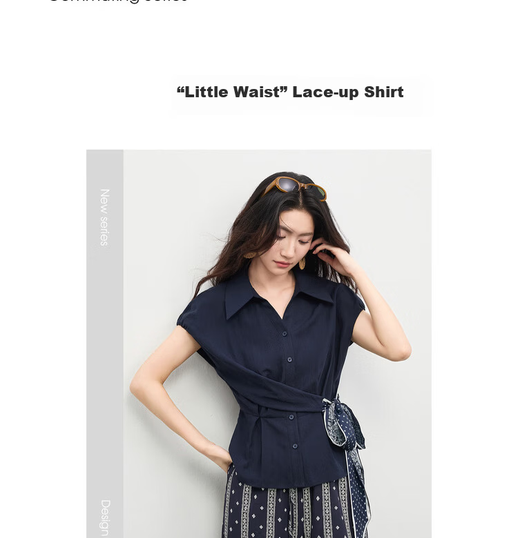 Shangdu Bila Linen Tencel Commuter Shirt Women Spring Summer Printed Tie Pleated Waist Slimming Blouse Turn-down Collar Top 3