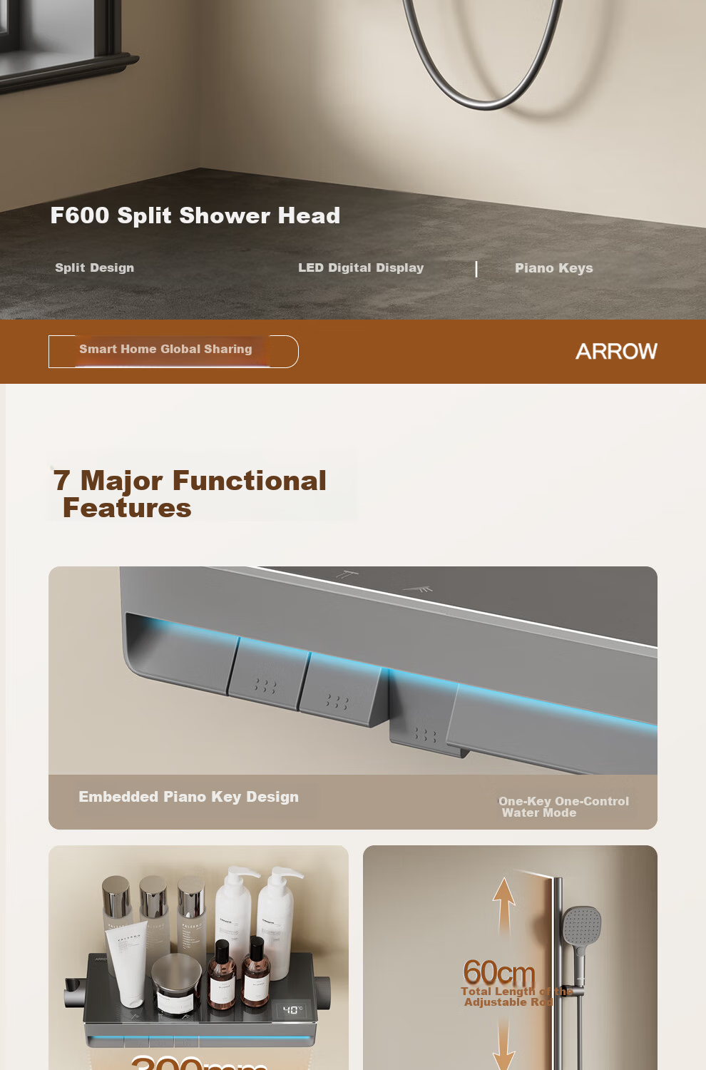 ARROW F600 Three-Function Shower Head with Piano Key Large Storage and Pressure Boosting Spray Set AE33185MZGGSP-P 4