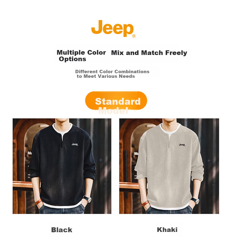 JEEP Men's Autumn Winter Heavy Waffle Knit Two-in-One Base Shirt Khaki XL 2