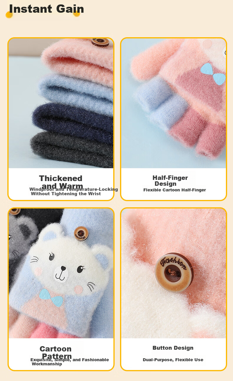 Langsha Children's Warm Gloves Cute Flower Cat Autumn Winter Baby Five-Finger Detachable Full Finger Gloves for Boys and Girls Elementary Students 9