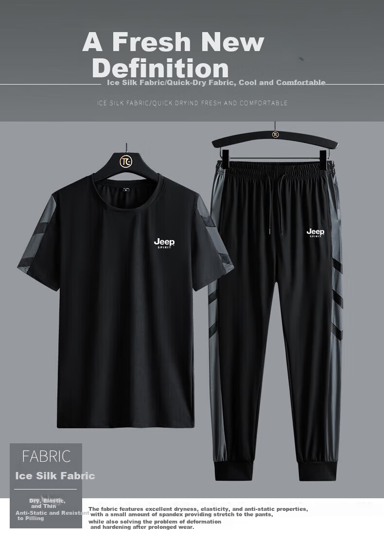 JEEP SPIRIT Men's Summer Ice Silk Quick-Dry Short Sleeve T-Shirt and Long Pants Set Black XL 2
