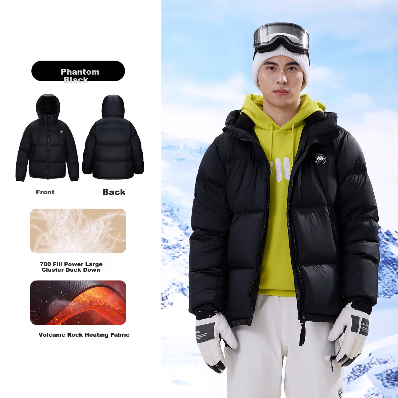 Panda Camel Series Warm Puffer Down Jacket Autumn Winter Ski Mountaineering Thickened Coat 9619 Phantom Black, S