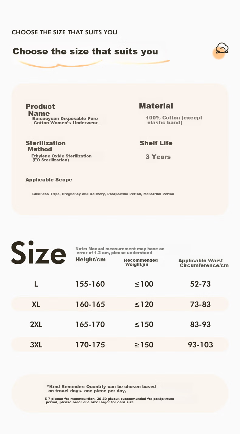 Baicaoyuan Disposable Cotton Women's EO Sterilized No-Wash Travel Maternity Menstrual Day-Use Underwear 5 Pieces 2XL 14