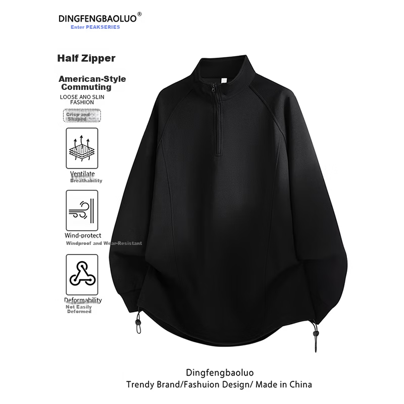 Dingfengbaoluo Men's American Style Half-Zip Hoodie Summer Loose Casual Stand Collar Long Sleeve Top XMY67 Black 3XL