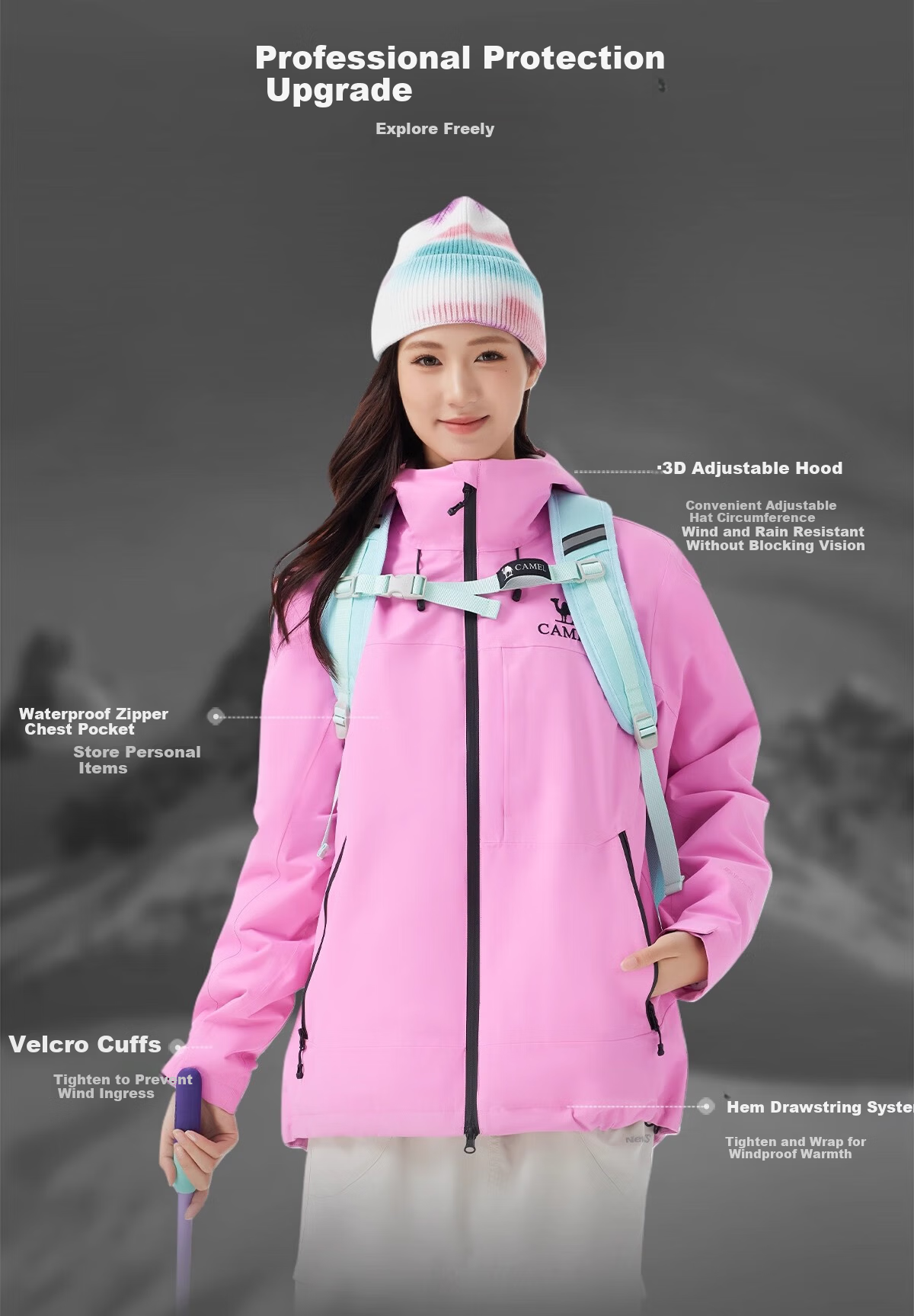 Camel Women's Outdoor Jacket Unisex 3-in-1 Windproof Waterproof Coat New Arrival 5