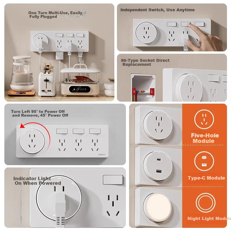AUX 86-Type Expandable Socket Extension Converter Concealed Multi-Port Household Power Strip with Switch Three Switches 21 Holes + Five Holes Left Expansion Aperture Gray