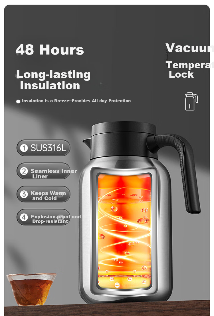 Chuida Huang Insulated Flask 316L Stainless Steel Large Capacity Household Hot Water Kettle Thermos Integrated Seamless Liner 2L (Vintage Red) 5