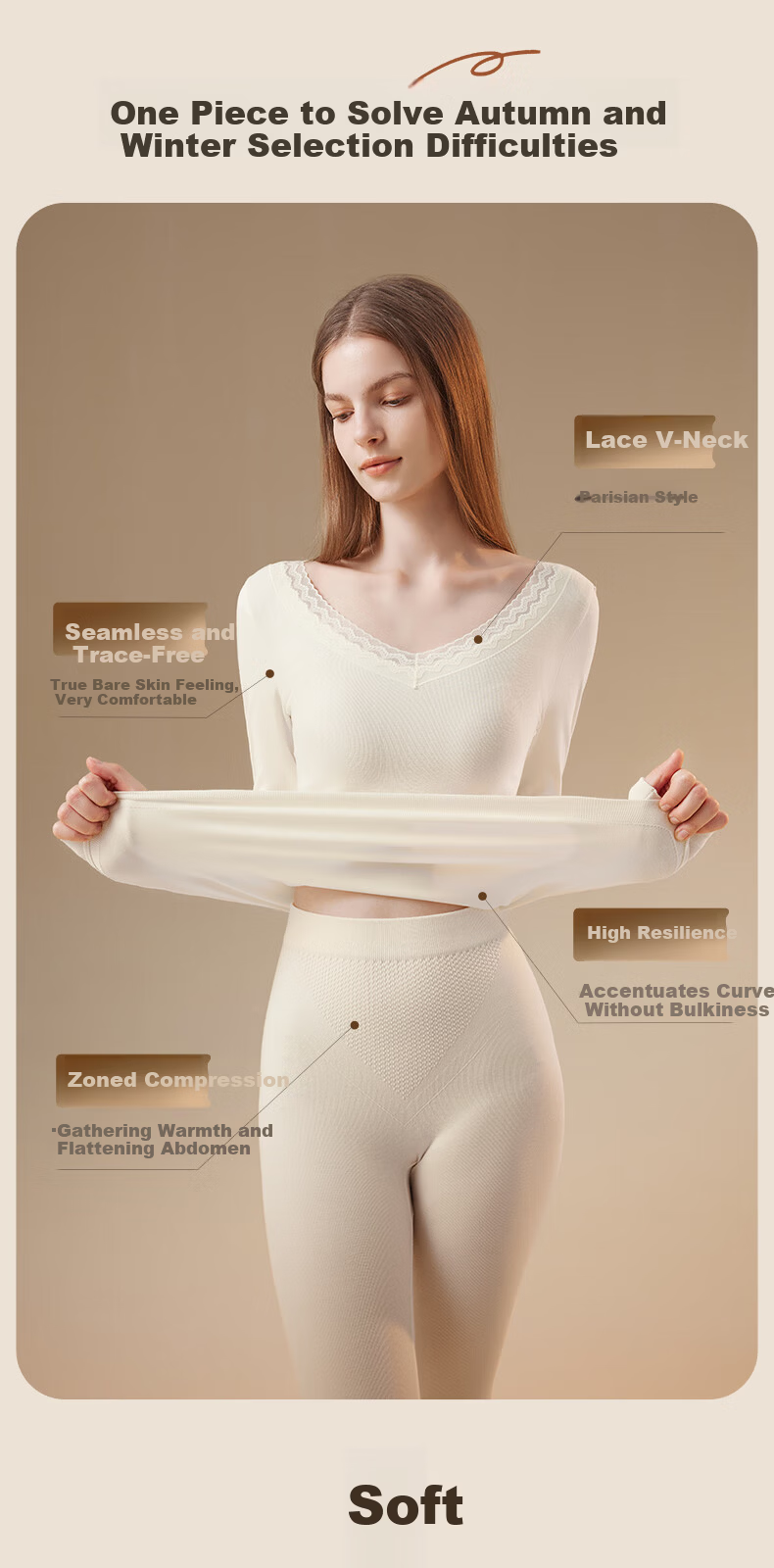 Miiow 2025 New V-Neck Lace Wool Lightweight Shaping Seamless Thermal Underwear Set for Women Slim Fit Autumn Top and Bottom 2