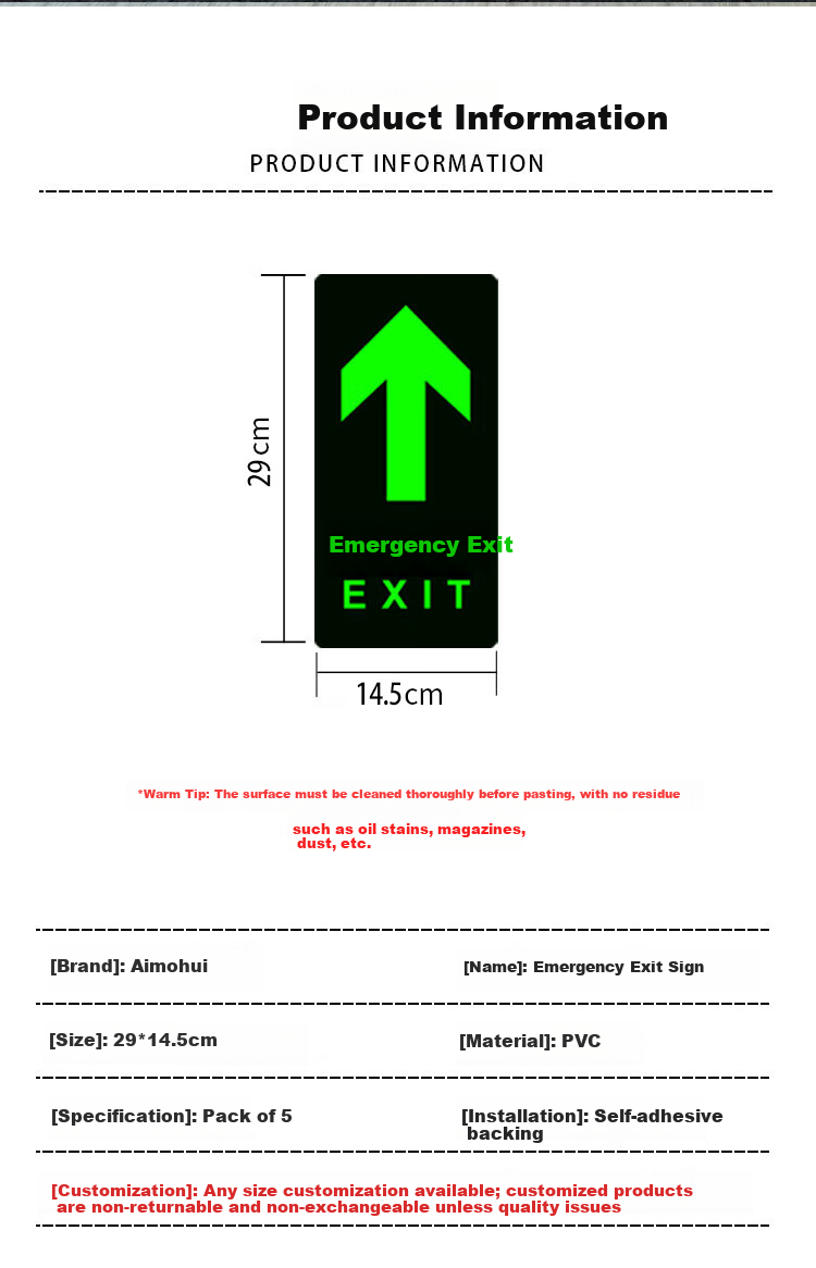 Aimo Hui Luminous Safety Exit Floor Sticker Warning Sign Fire Evacuation Indicator Safety 29x14.5cm 5-Pack 2
