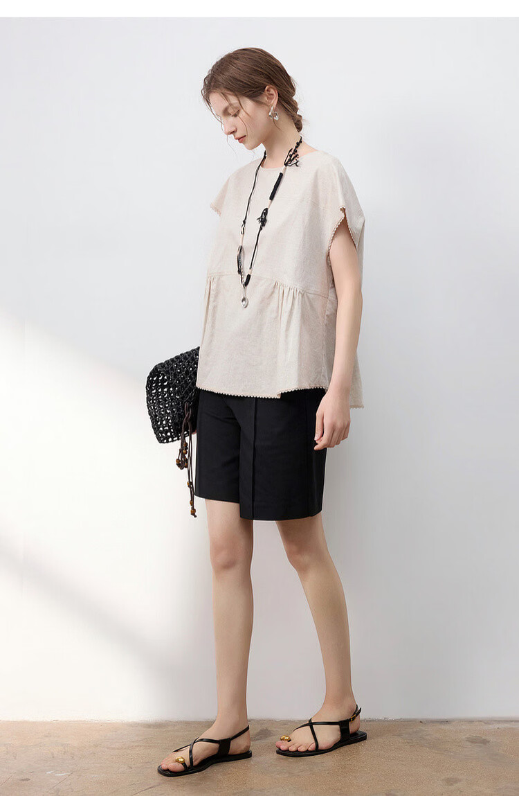 Demana [with Flax Cloud Cotton] Summer Simple Style Round Neck Covered Sleeve Lace Lightweight Loose Slim Shirt for Women Premium 20