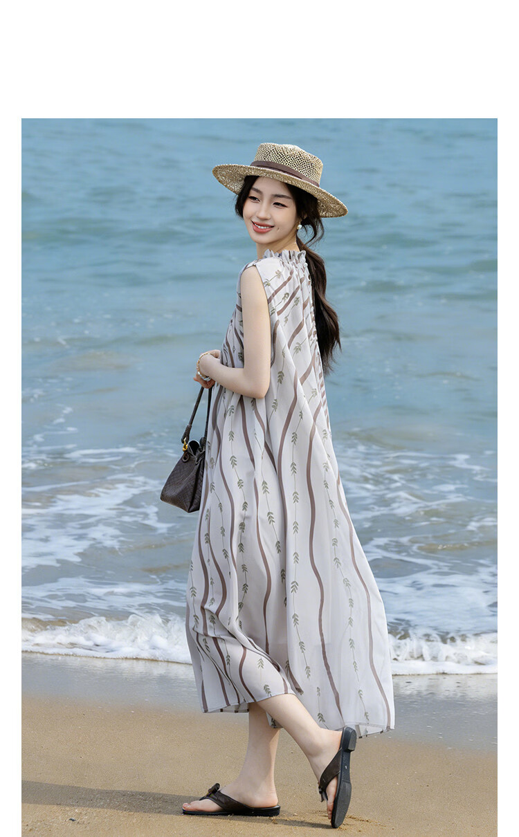 Demana [Two-Piece Set] Summer Lady Style Round Neck Lace Collar Sleeveless Chiffon Printed Slim Dress for Women 11