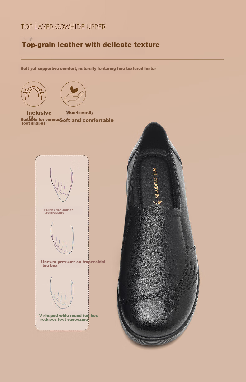 RED DRAGONFLY Elderly Women's Shoes Middle-aged Flat Soft Sole Leather Shoes WTB341881 Black Size 38 2
