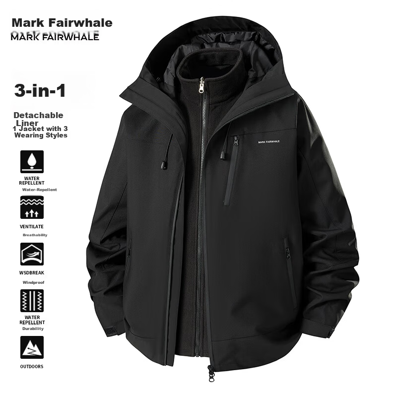 FAIRWHALE Men's Jacket Autumn Winter 2025 New Trendy Brand 3-in-1 Detachable Windproof Mountaineering Coat Black L