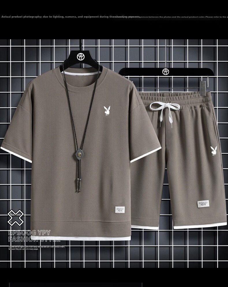 PLAYBOY Father's Day Gift Set Men's Summer Short Sleeve Casual Breathable Outdoor Sports Two-Piece Set with Shorts 3