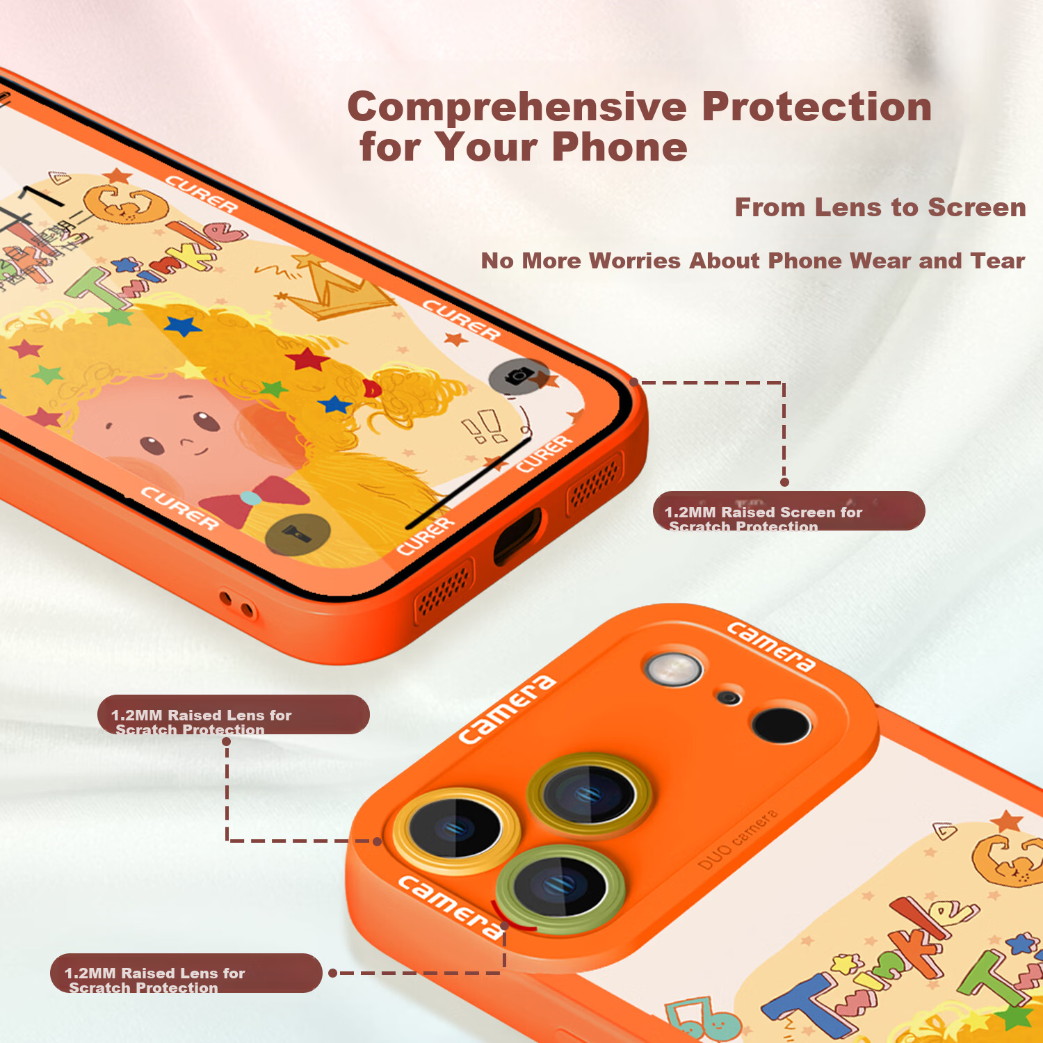 Kelimang Full-Coverage Silicone Soft Case with Lens Protection and Lanyard for iPhone 17 Pro Max, Shockproof Cute Unisex - Starry Orange Tea Cup Stars