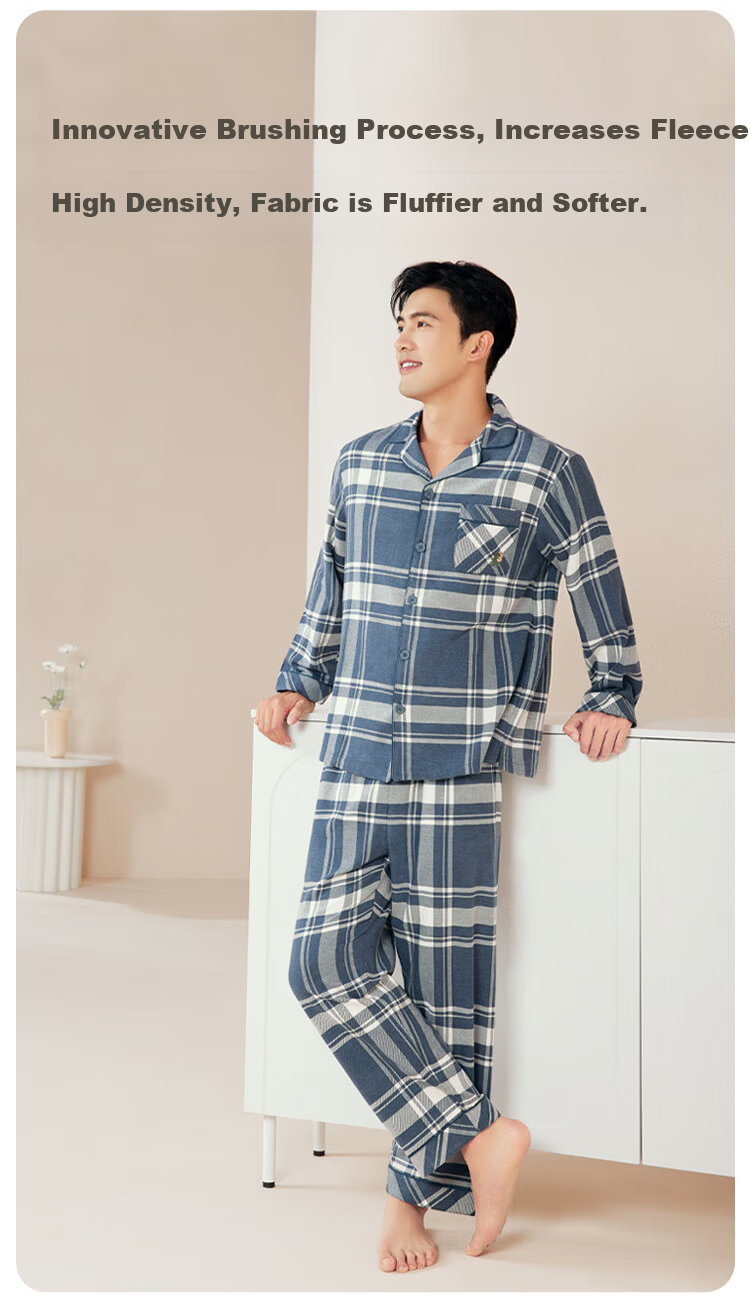 Hongdou [Mall Same Style] Men's Combed Cotton Long Sleeve Woven Brushed Plaid Couple Pajama Set 35-01 Evening Mist Blue 180 3