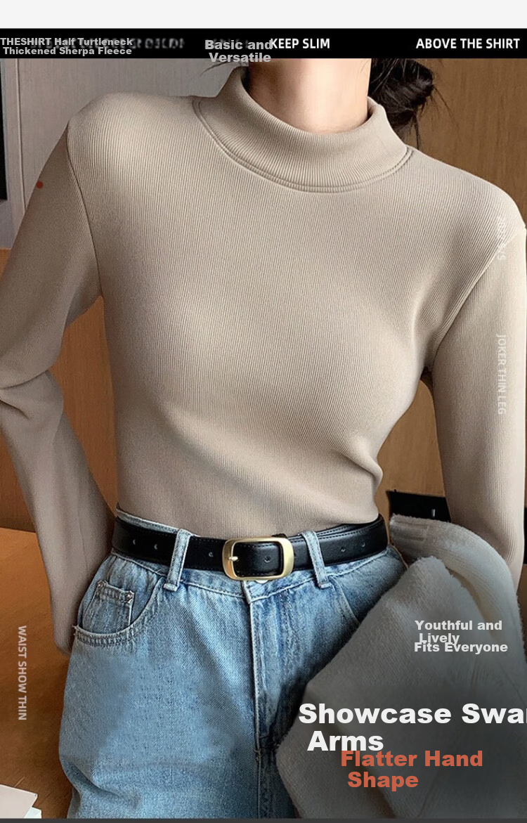 LangSha Autumn Winter Fleece-Lined Thickened Half Turtleneck Base Shirt for Women 7A Antibacterial Mite-Resistant Lamb Fleece Thermal Innerwear 9