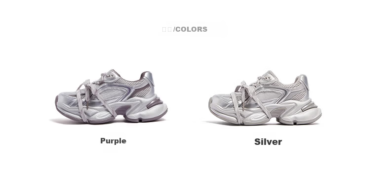 CAMEL Silver Star Dad Sneakers Women Mesh Patchwork Height Increasing Casual Shoes L26S283083W Silver/Purple (Breathable Mesh) Size 37 32