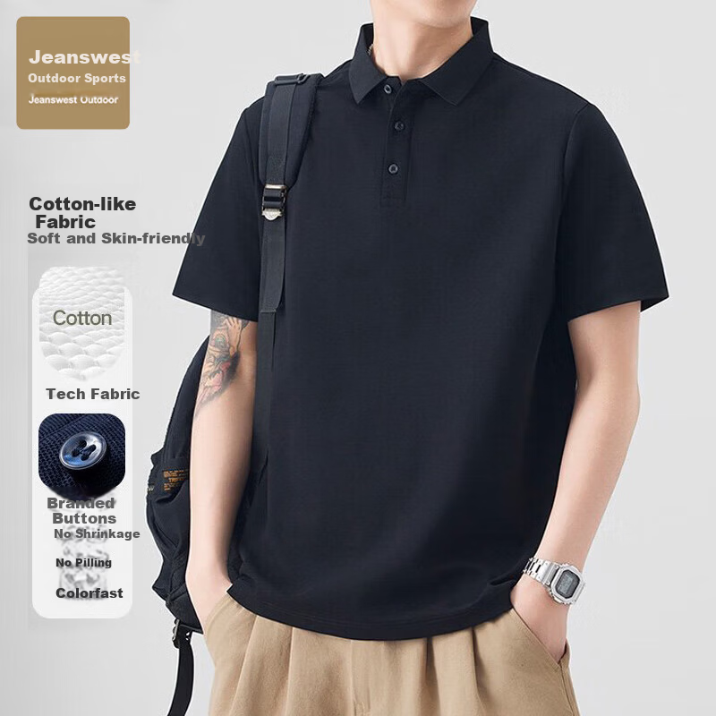Jeanswest Outdoor Sports Short Sleeve T-Shirt Men Polo Shirt Summer Solid Color Loose Fit Casual Business Black XL