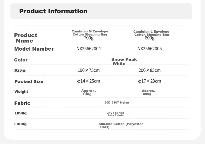 MOBIGARDEN Cambrian Envelope Cotton Sleeping Bag Outdoor Hiking Warmable Spliceable Adult Sleeping Bag NX25662004 Snow Peak White 9
