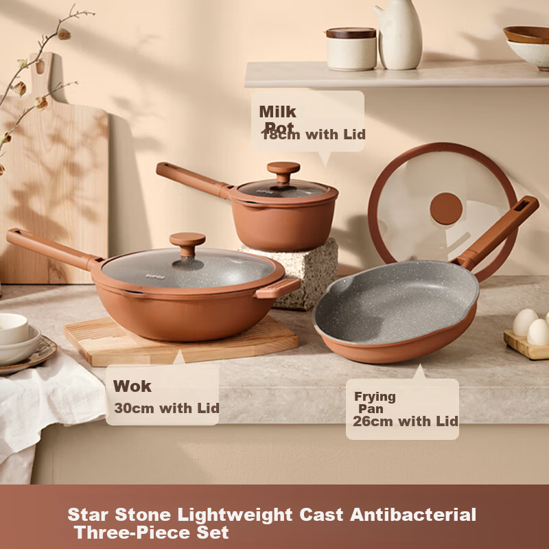 SUPOR Star Stone Titanium Non-Stick Lightweight Cast Antibacterial Three-Piece Set [Wok, Frying Pan, Milk Pot] SUPOR Cookware Set Compatible with Open Flame And Induction Cooktop TP2503E