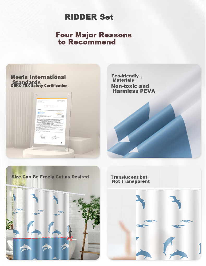 RIDDER German Imported No-Drill Telescopic Stainless Steel Shower Curtain Rod + PEVA Waterproof Mildew-Resistant Partition Curtain Set 2