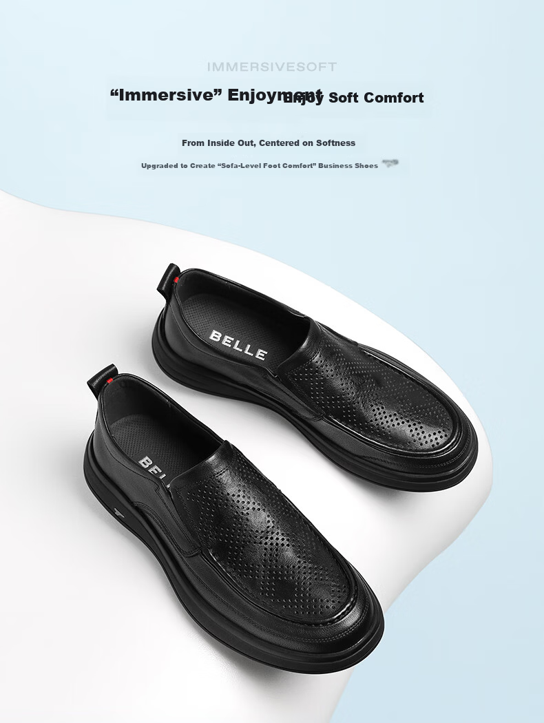 Belle Men's Slip-On Casual Leather Shoes Summer 2026 Breathable Commuter Business Shoes Black Perforated A2393 Size 40 2