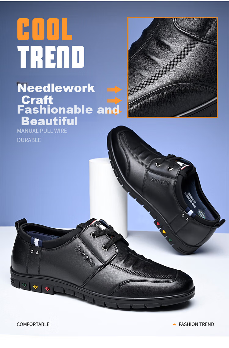 SPIDER KING Men's Korean Style Casual Leather Shoes, Trendy Fashion Lace-up Cowhide Soft Sole, Black, Size 37 2
