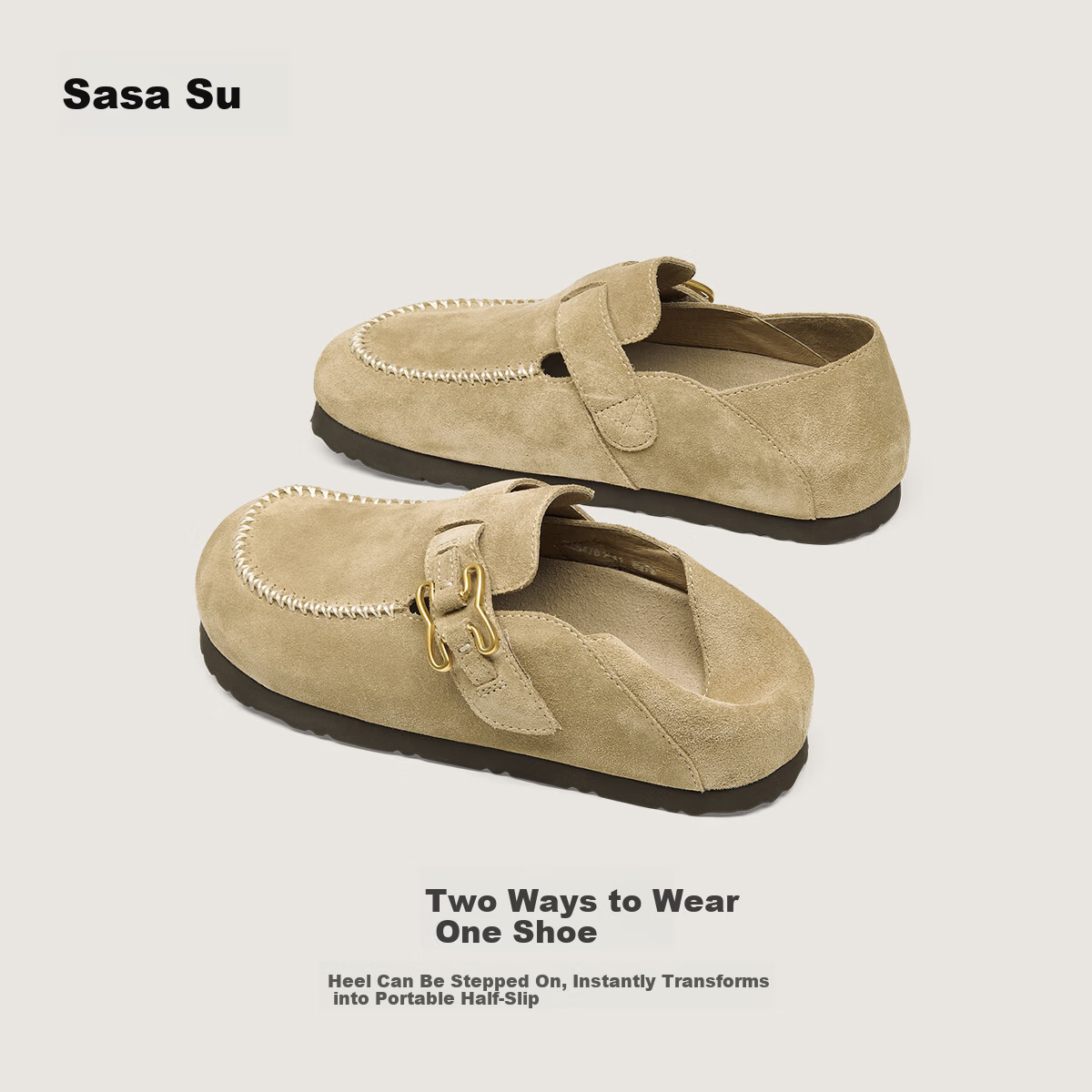 Sasa Su [Celebrity Style] Spring Summer New Coffee Bagel Two-Wear Half-Slip Birkenstock Elevated Loafers for Women