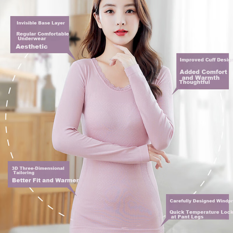 Langsha Women's Autumn Winter Thermal Underwear Set Antibacterial Velvet Seamless Heat Retaining Body Shaping Base Layer Shirt