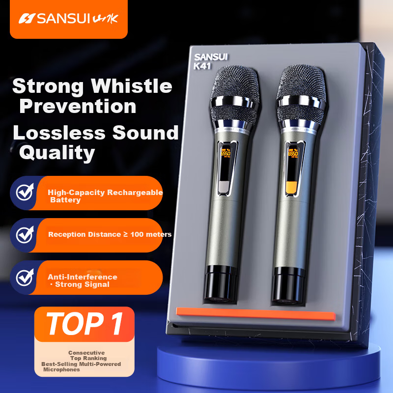 SANSUI K41 Wireless Microphone Dual-Channel Universal Rechargeable Mic for Home KTV Stage Speech Conference Outdoor Speaker Amplifier